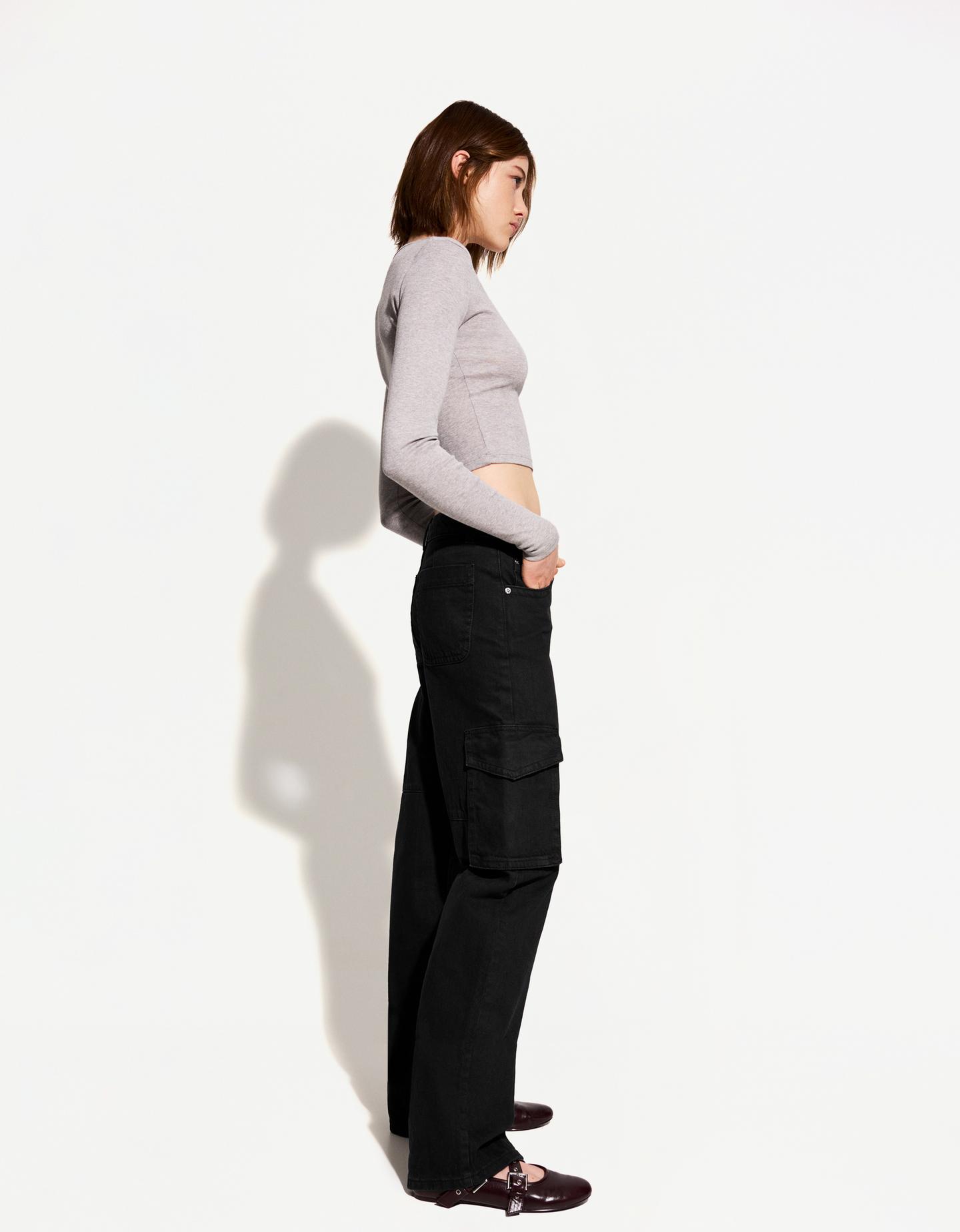 Bershka Cargo-Jeans Im Straight-Fit Damen 40 Schwarz günstig online kaufen