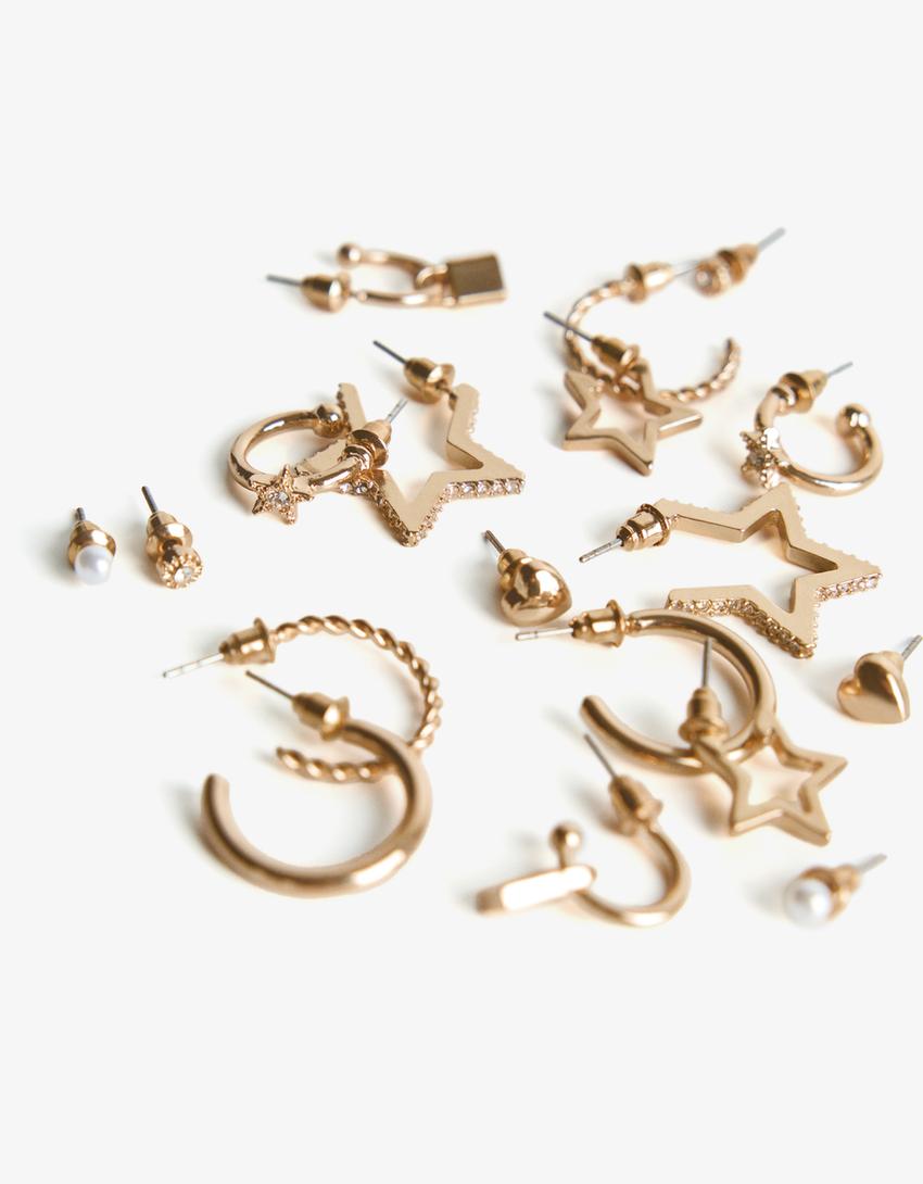 9-pack of star earrings-Gold-2