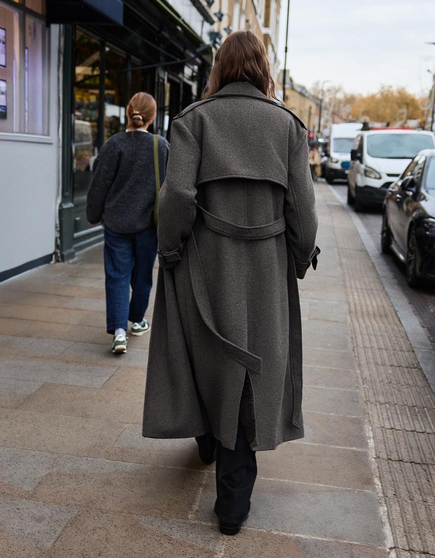 Oversize felt texture trench coat-Grey