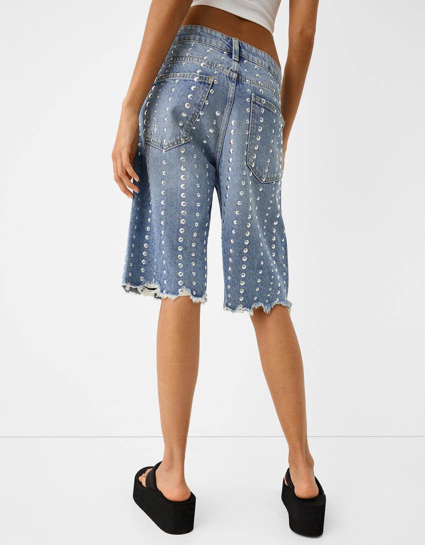 شورت برمودا دنيم بدبابيس معدنية-أزرق فاتح-6