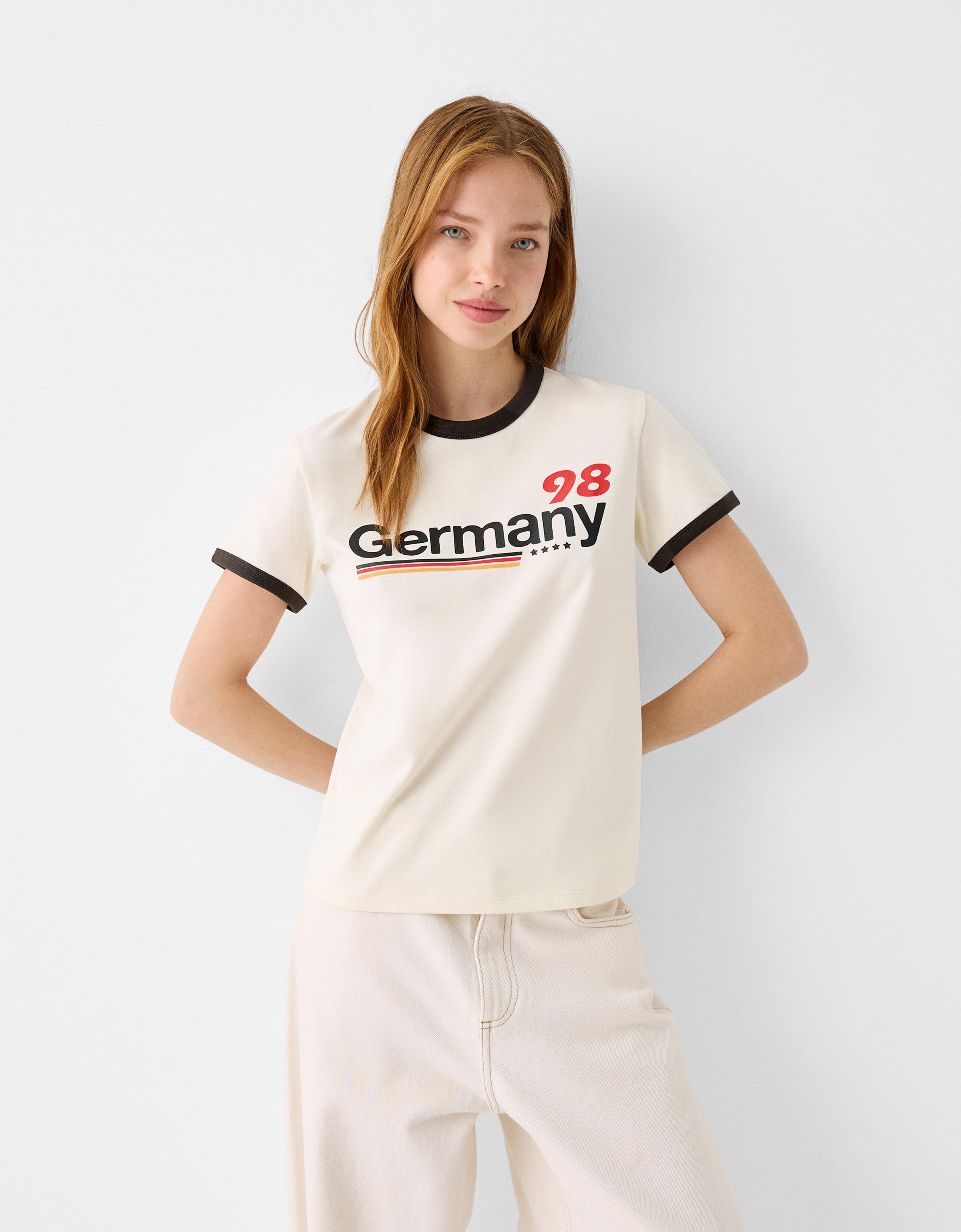 Bershka Sportliches Kurzarm-T-Shirt Mit Kontrasten Damen M Rohweiß