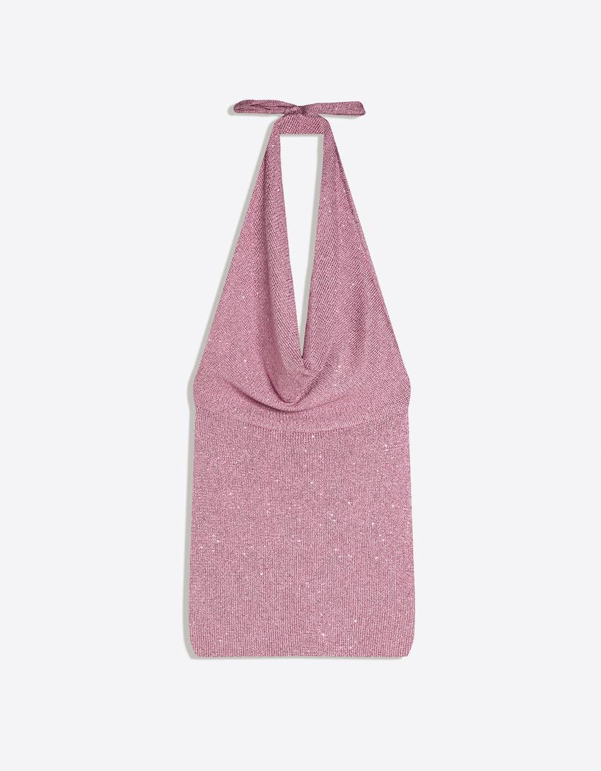 Sequinned halter mini dress-Pink