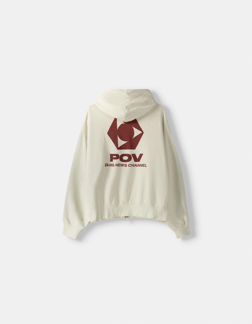 Casaco com capuz cropped estampado-Cinza-5