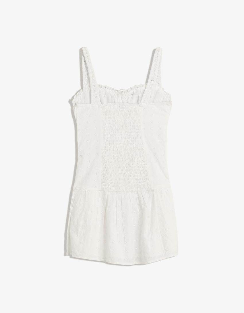 Robe mini cintrée évasée brodée-Blanc-4