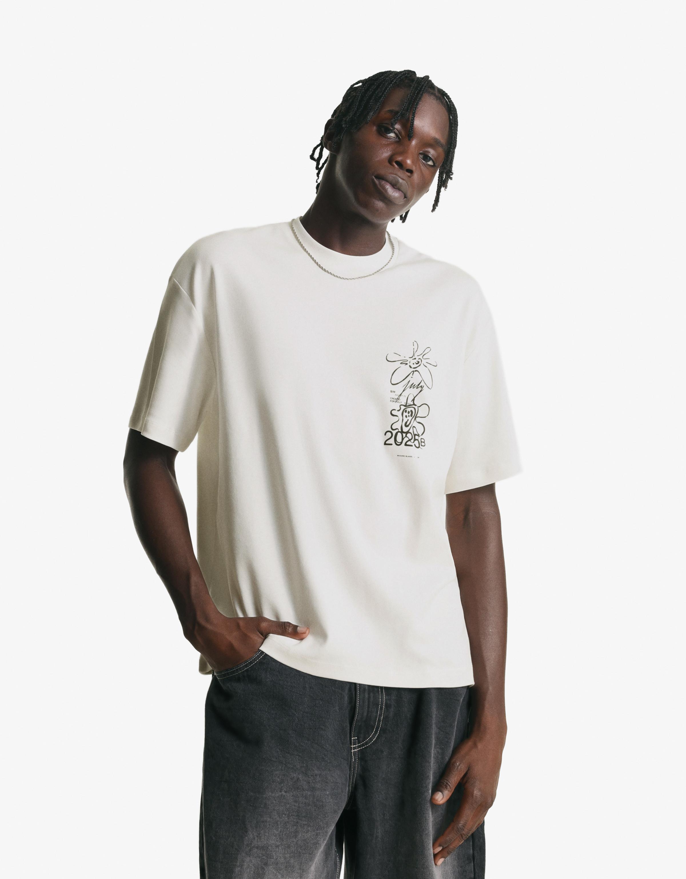 Bershka T-Shirt Mit Print Herren L Grbrochenes Weiss