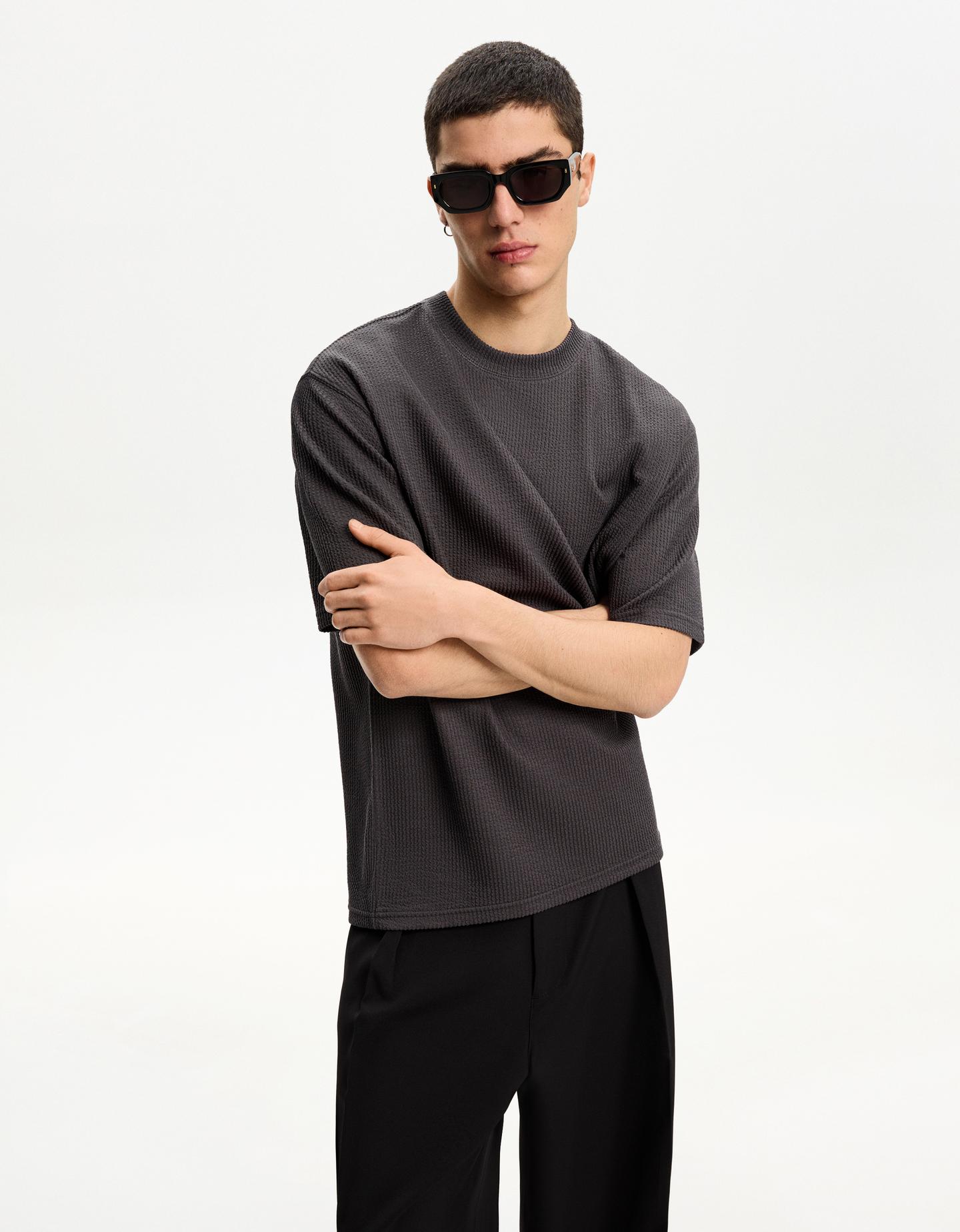 Bershka Camiseta Manga Corta Seersucker Hombre S Gris