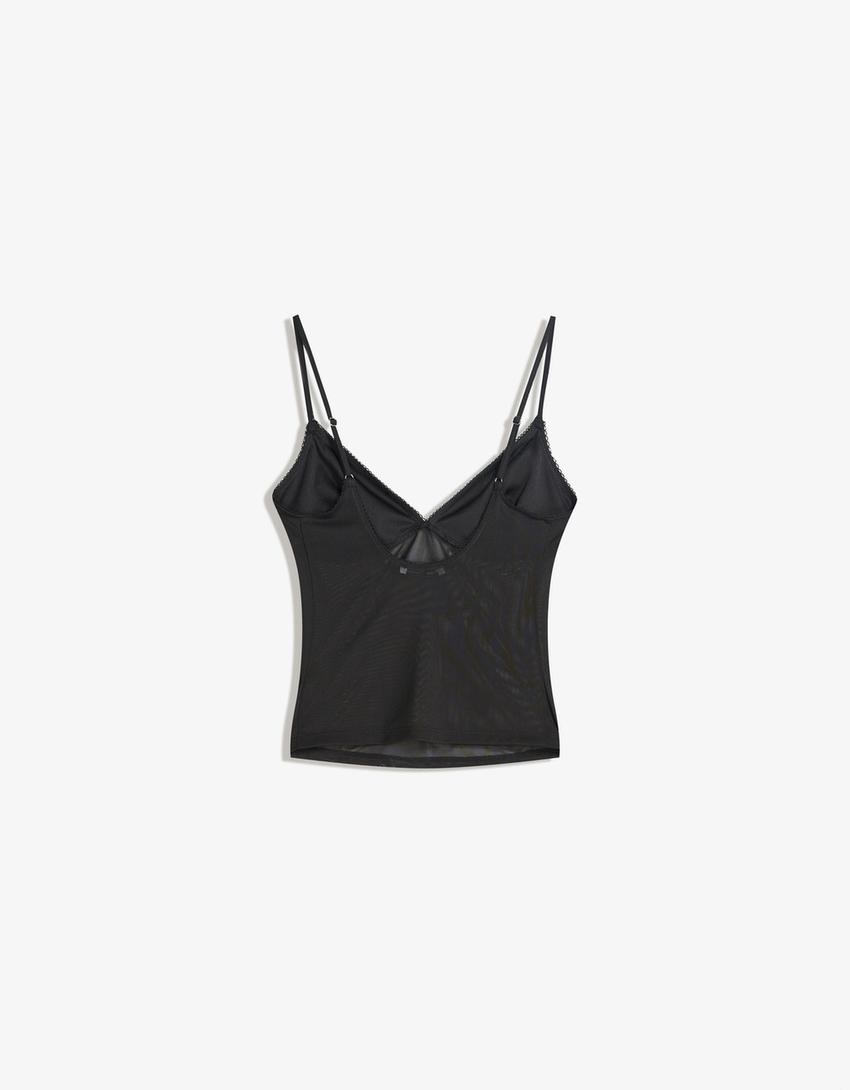 Printed mesh strappy top-Black