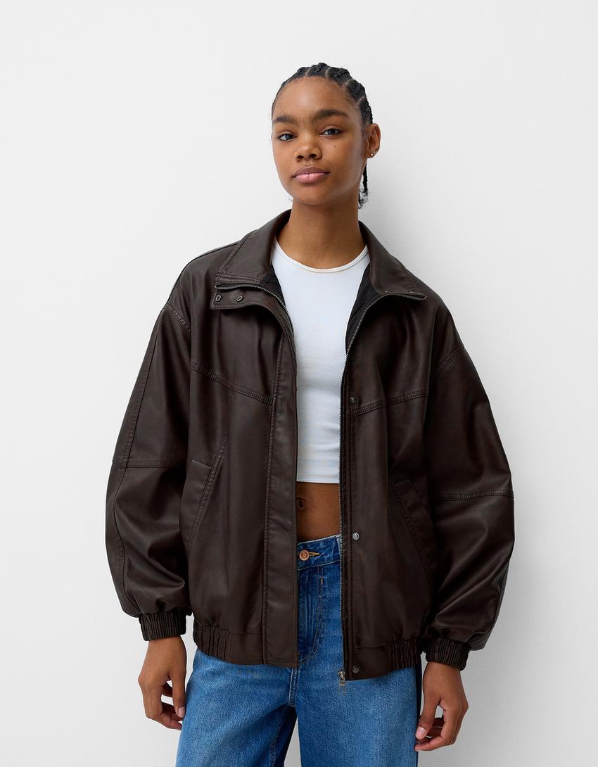 Giubbotto oversize in finta pelle-Marrone-0