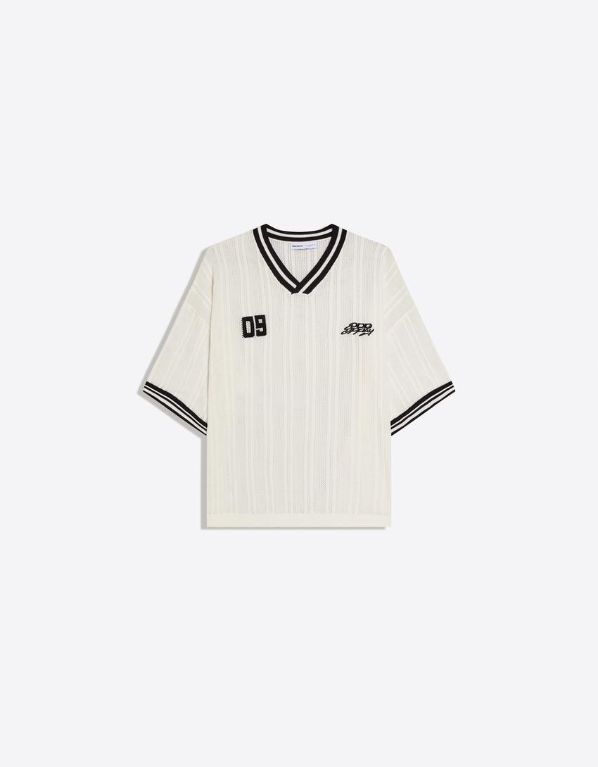 V-neck retro sport T-shirt-Off white