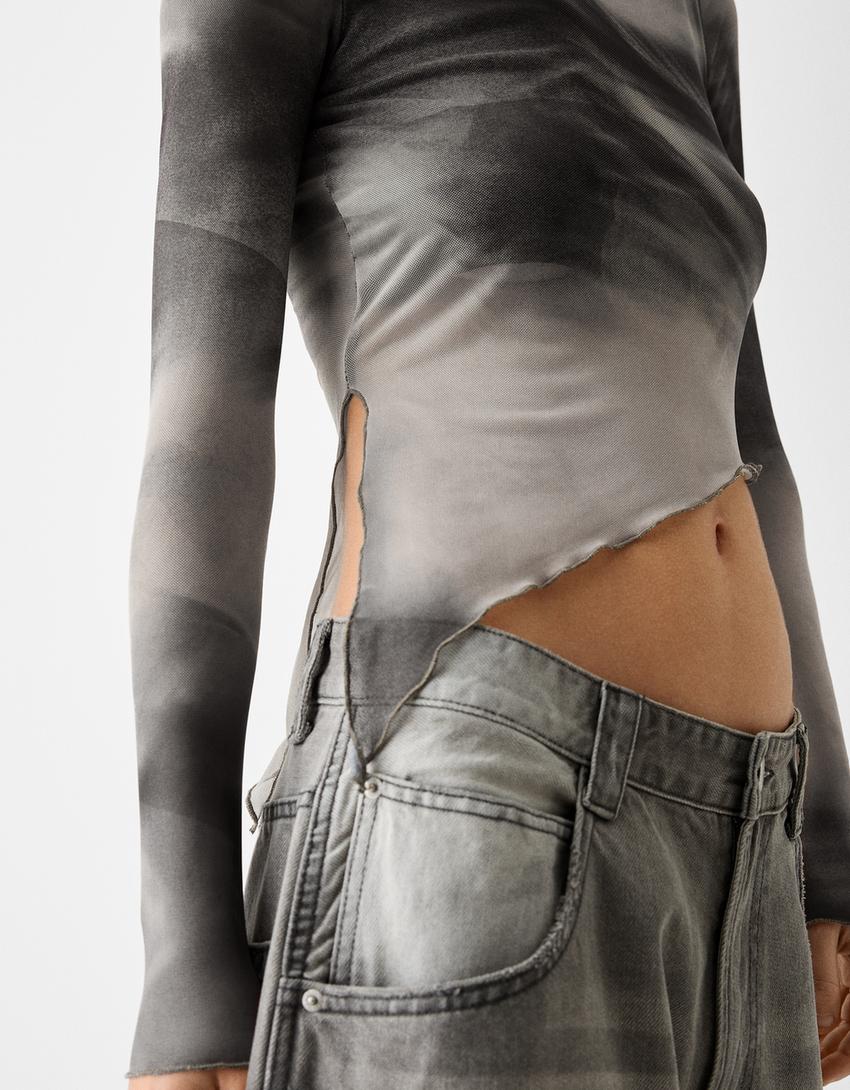 Long sleeve tulle print T-shirt-Dark grey-5