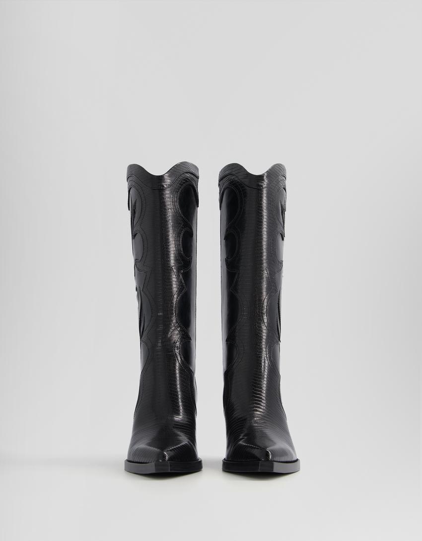 بوت برقبة للكاحل كاوبوي بكعب عال وتطريز متباين-أسود-3