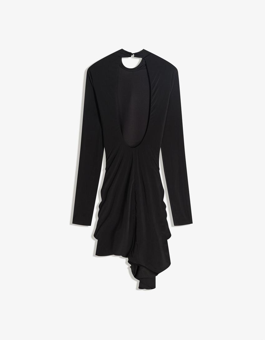 Vestito mini a fascia arricciato con fiore-Nero