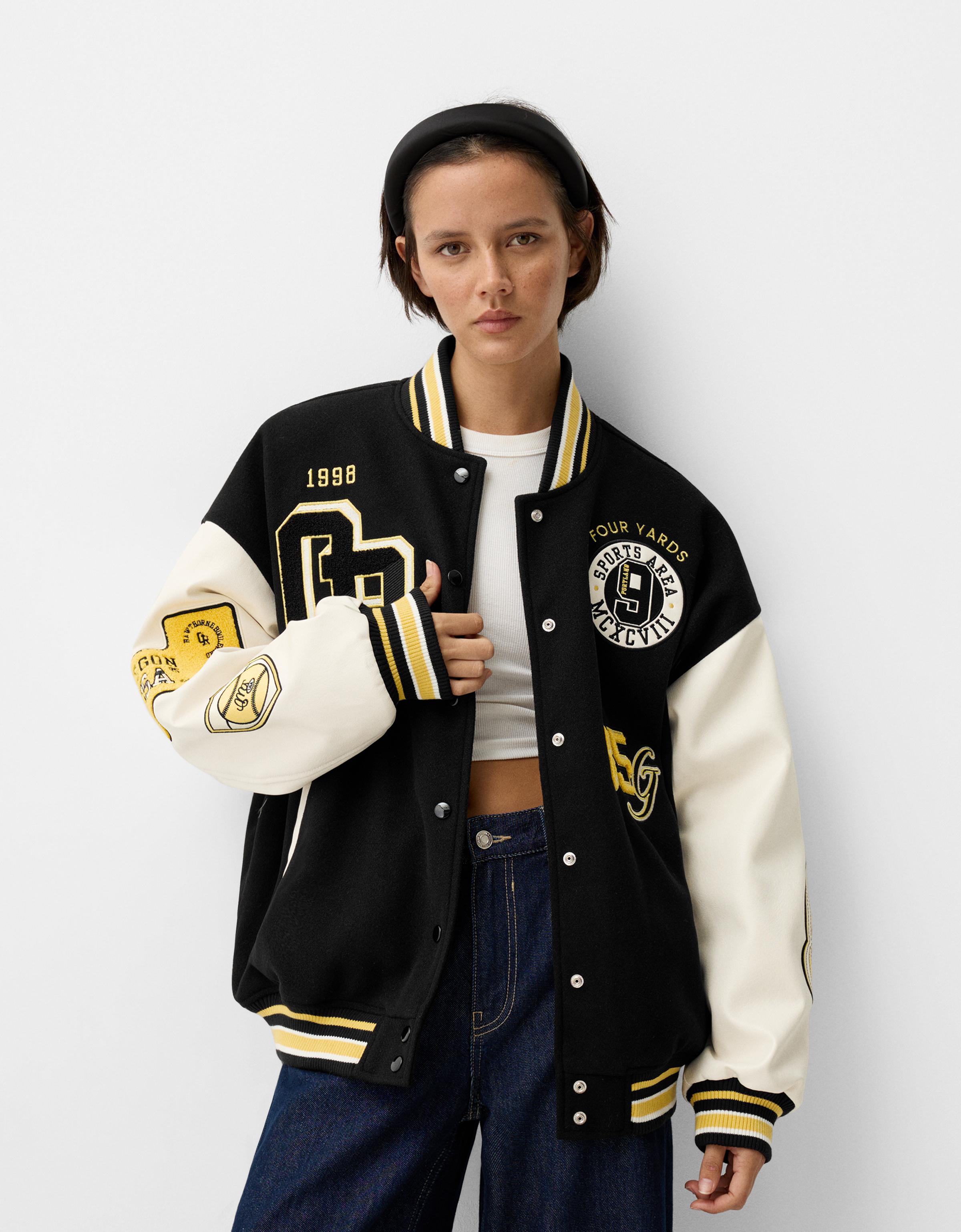 Bershka Varsity-Jacke Mit Farblich Abgesetzten Ärmeln Damen L Schwarz