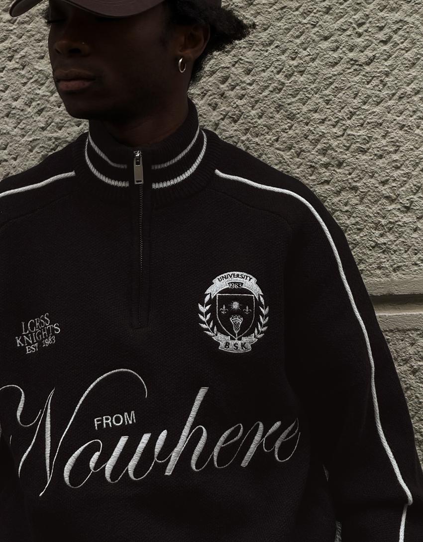 Embroidered quarter-zip jumper-Black