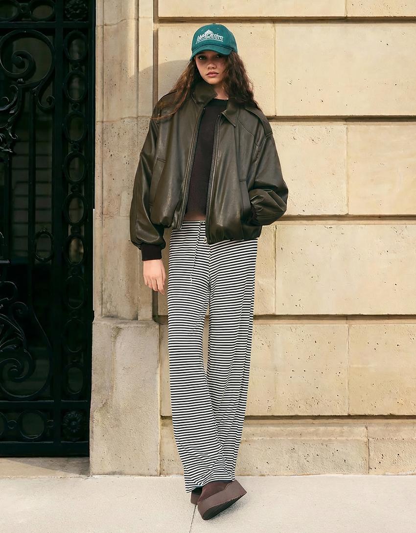 Faux leather balloon jacket-Khaki