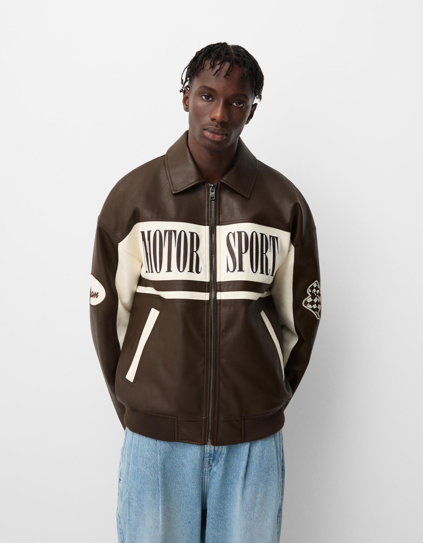 Bershka Cazadora Bomber Efecto Piel Hombre Xs Marrón