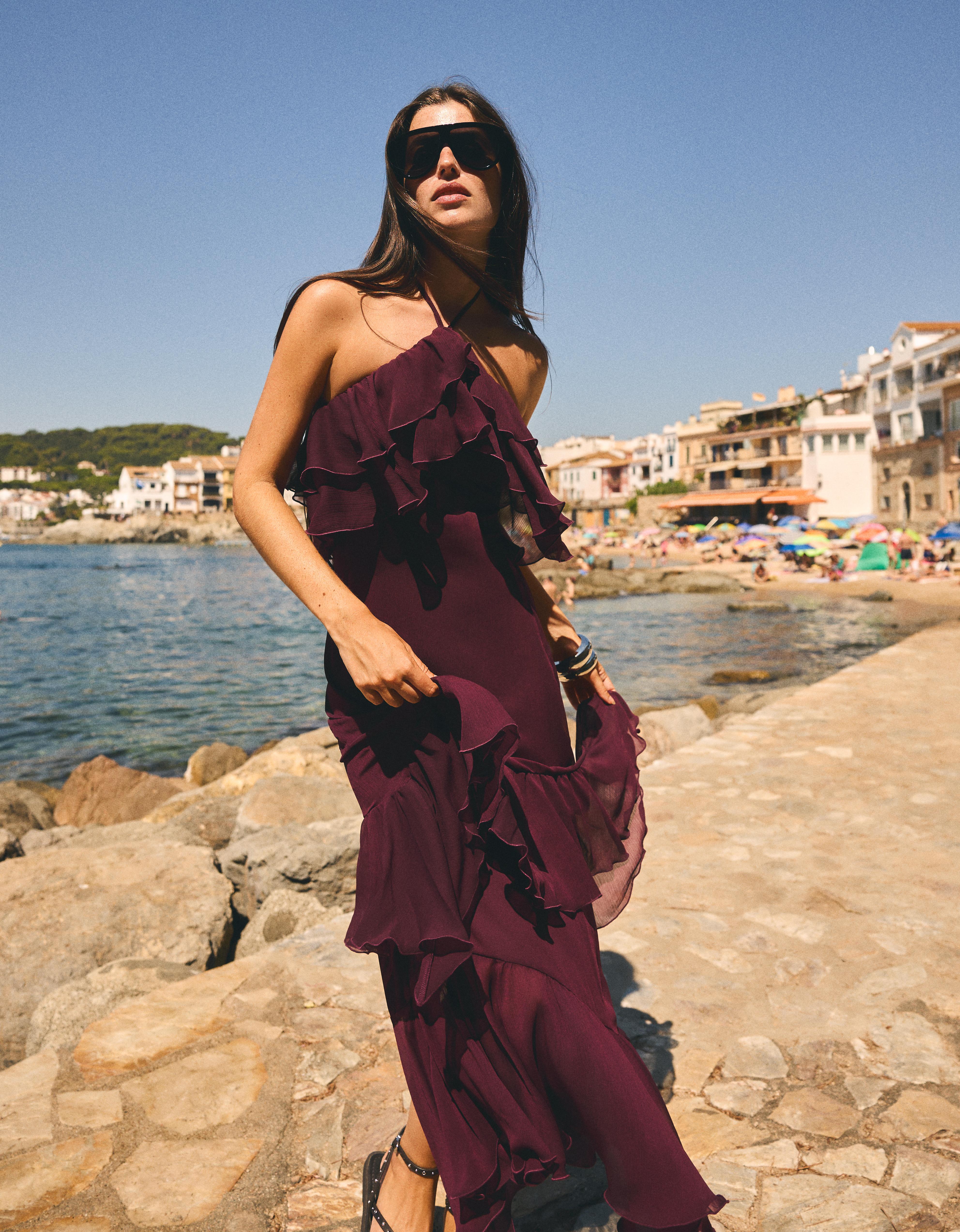 Frilled midi dress — Maroon