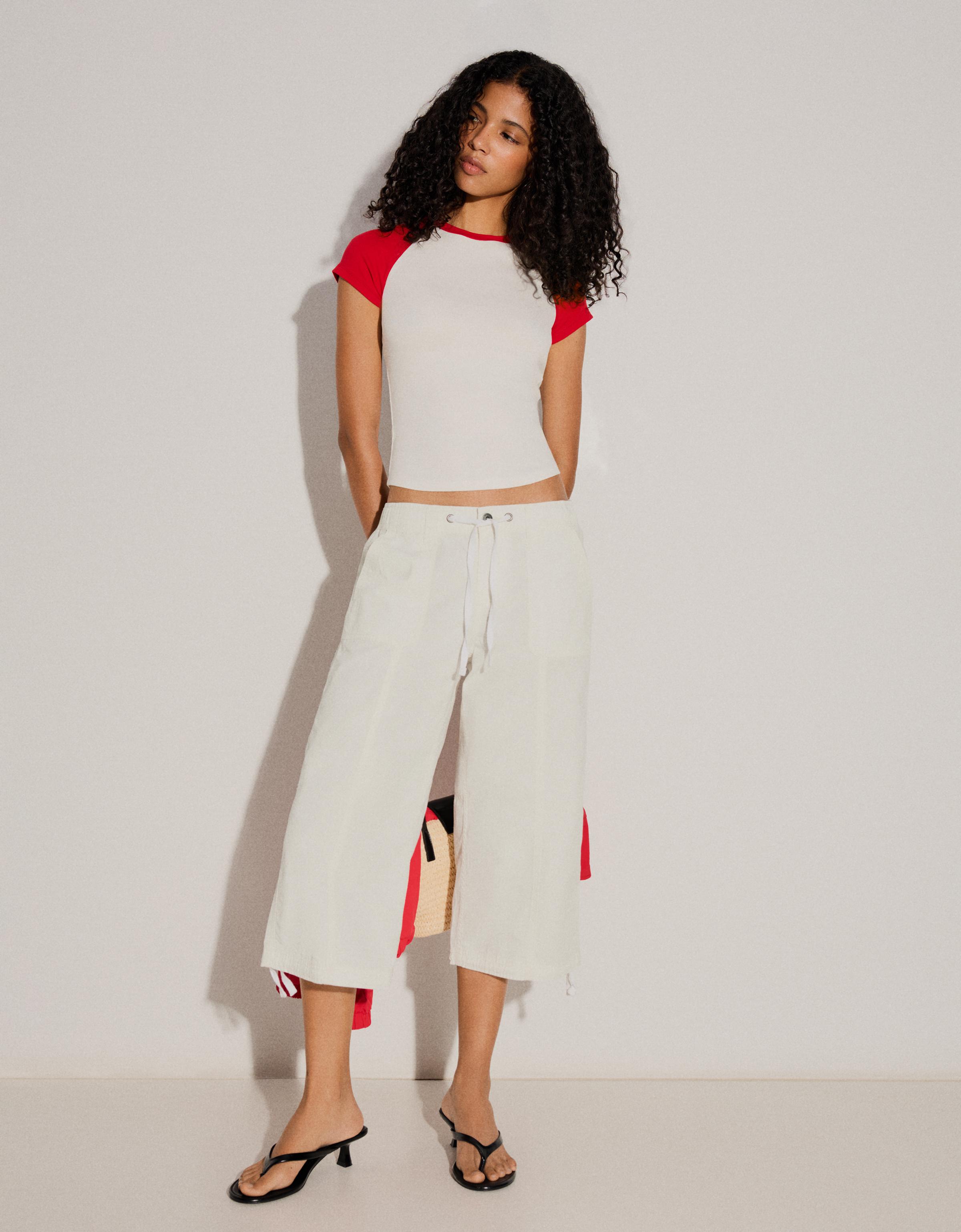 Bershka Pantalón Capri Mujer Blanco Roto