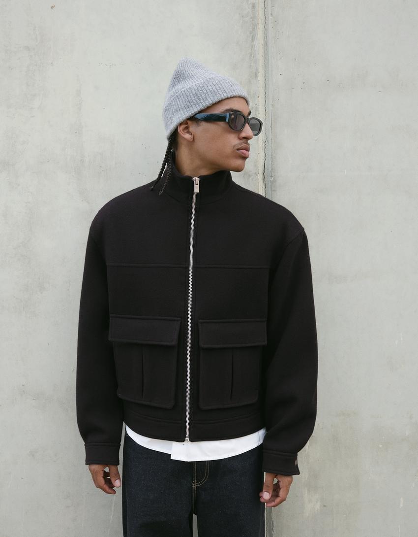 Felt texture jacket with zip-Black
