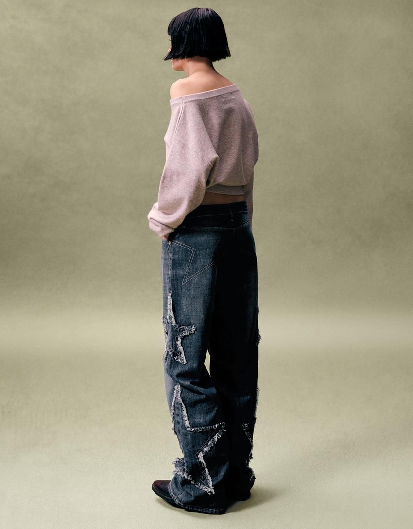 Jeans baggy fit bordado estrelas-Azul