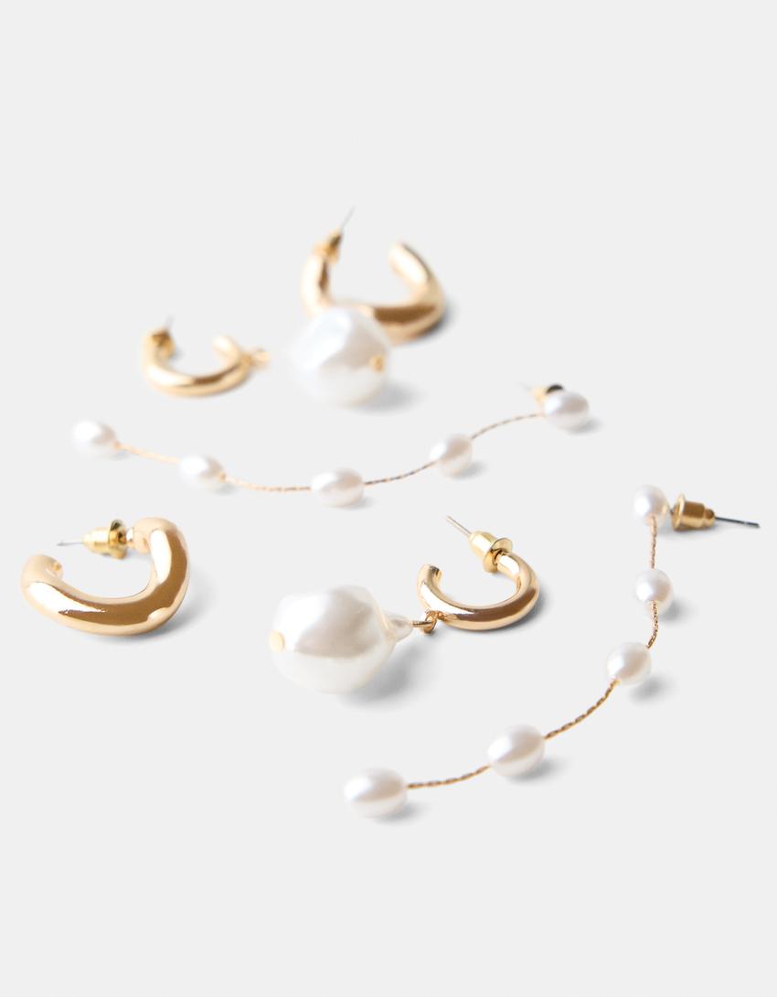 طقم من 3 أقراط من اللؤلؤ الصناعي-ذهبي-2