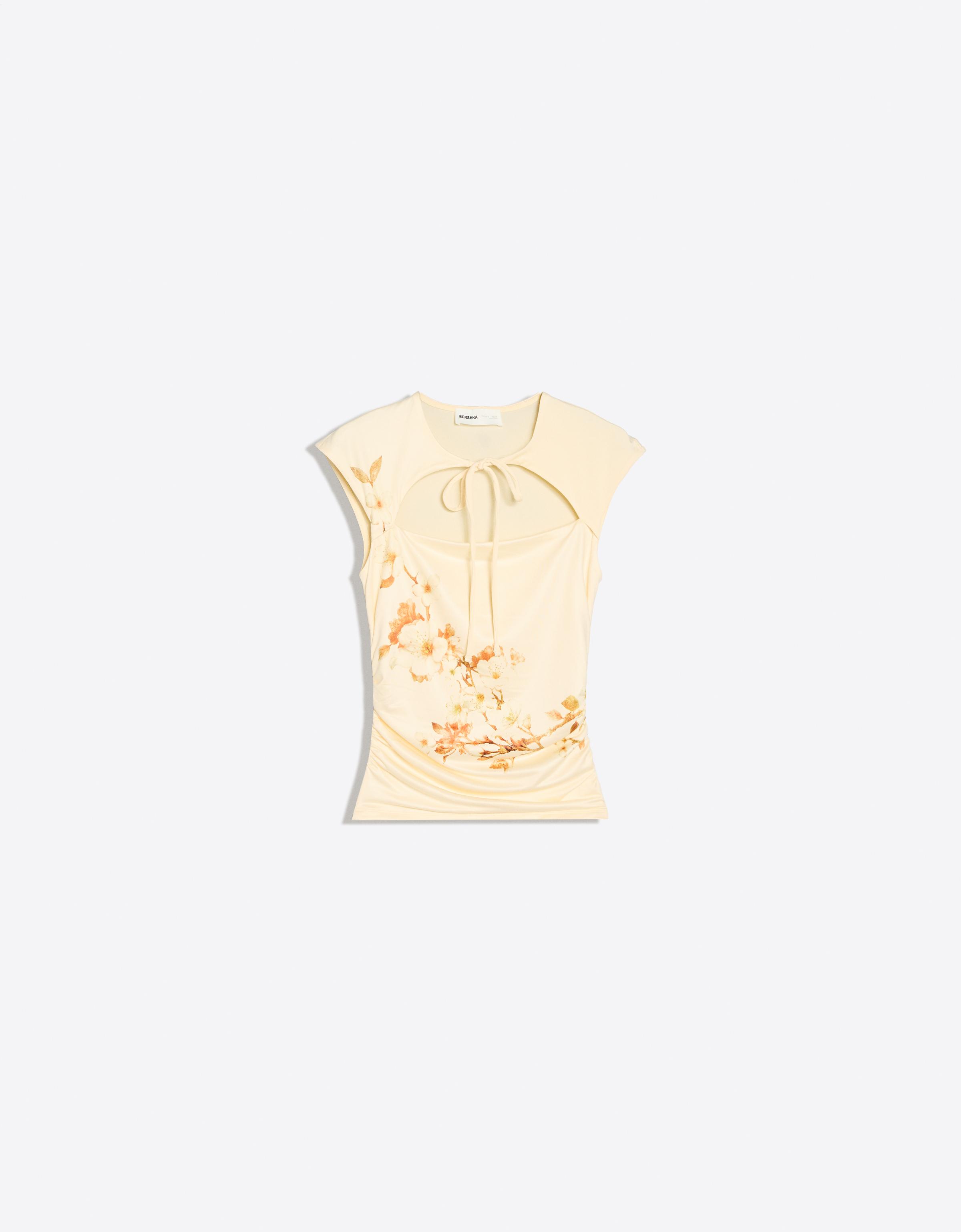 Bershka Top Abertura Print Floral Mujer Amarillo