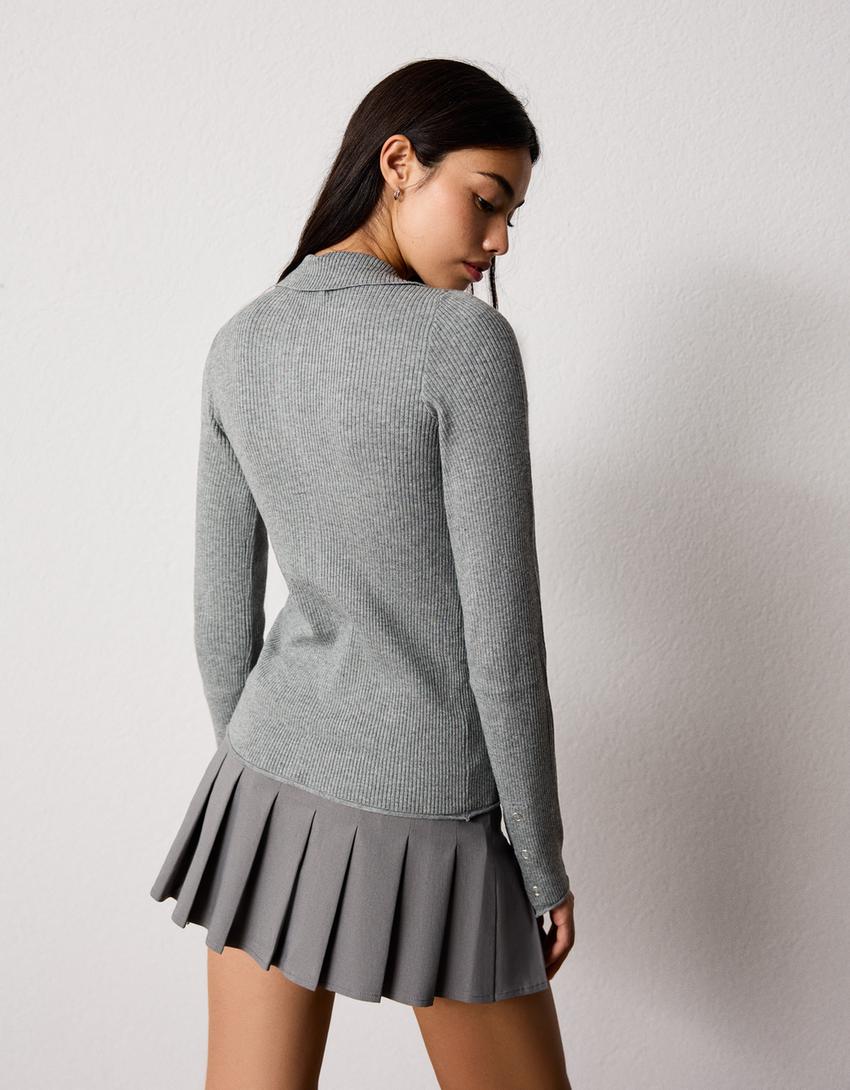 Cardigan côtelé à agrafes-Gris