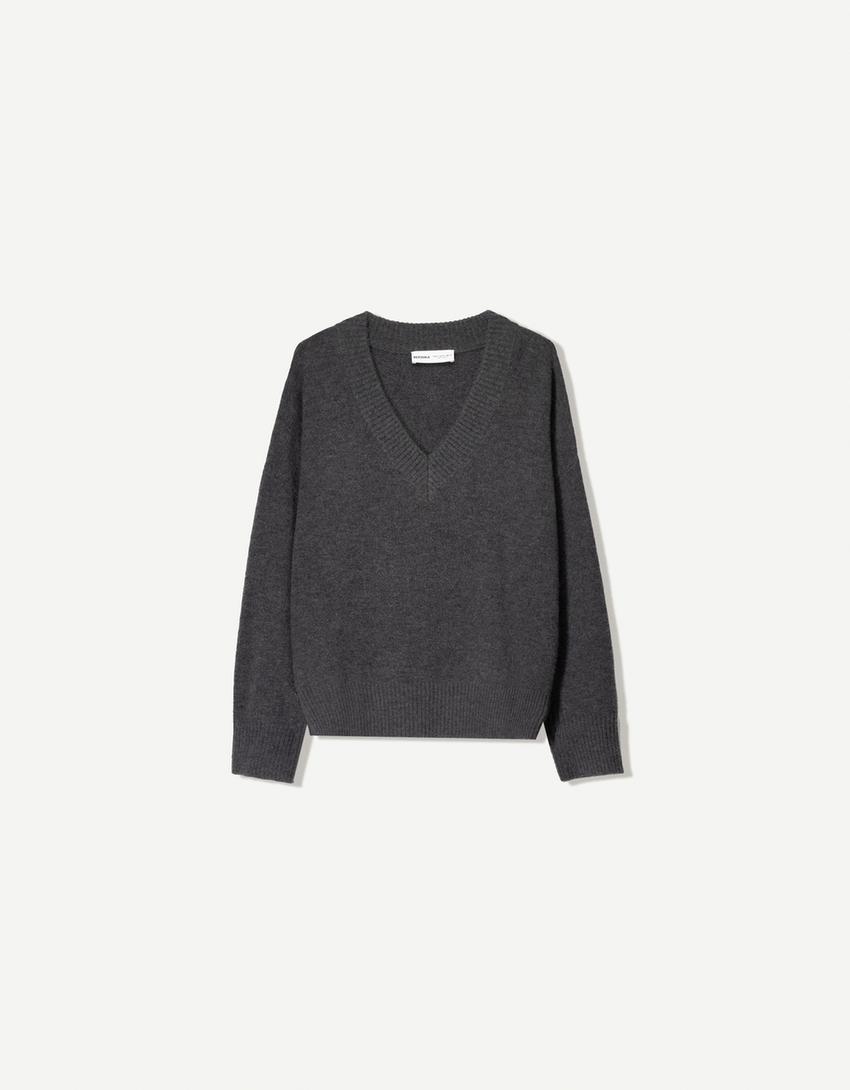 Pulover oversize cu guler în V-Gri-3