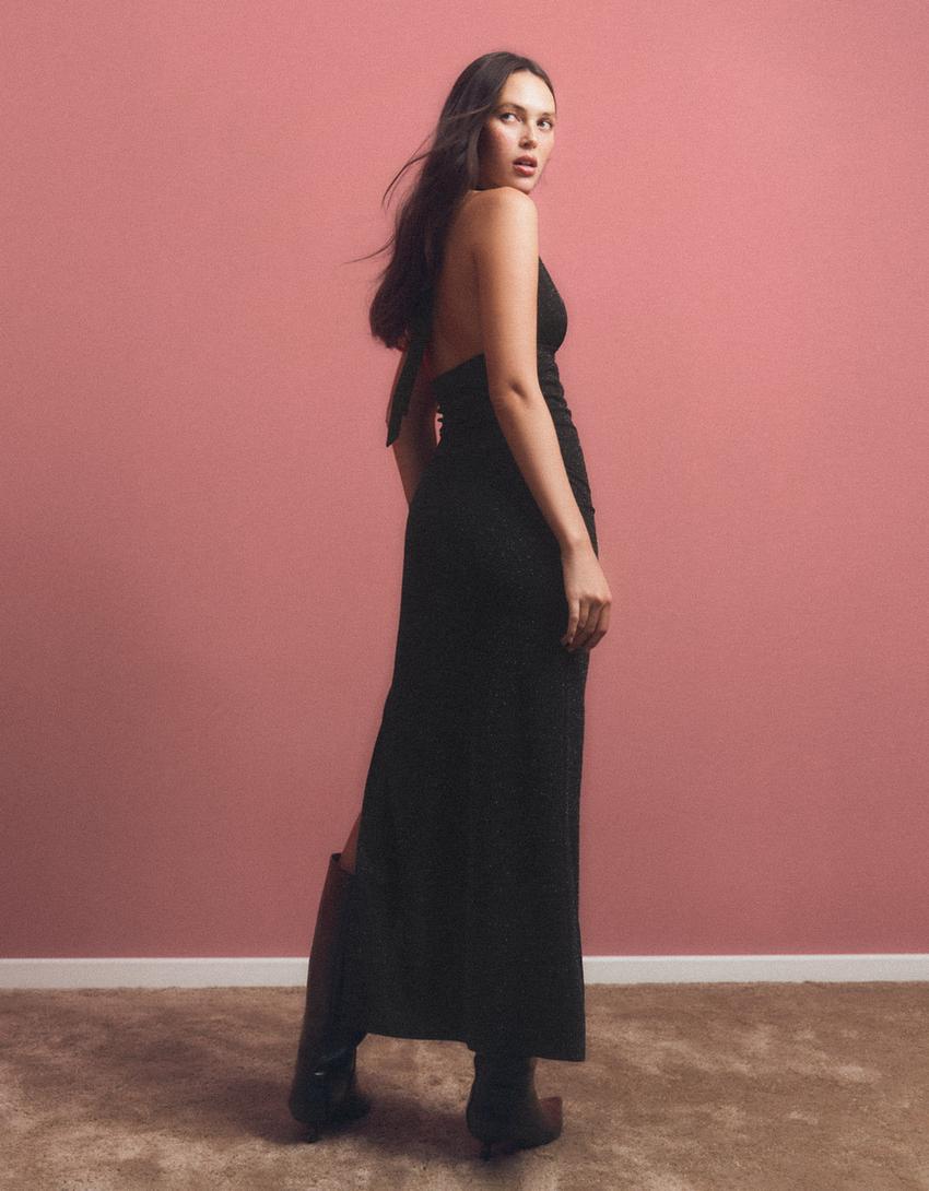 Shimmery halter neck midi dress-Black