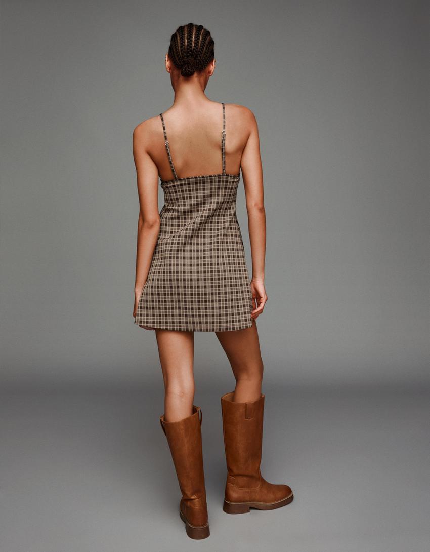 Robe courte à carreaux-Marron