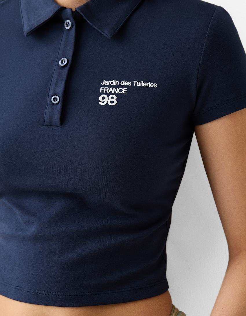 Printed short sleeve T-shirt with a polo collar-Navy