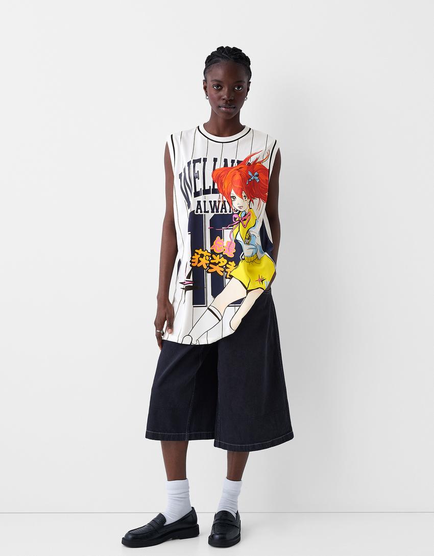 فستان قصير بطبعة رياضية وبدون أكمام-أبيض مطفي-3