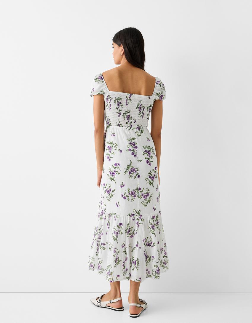 Textured floral print short sleeve midi dress-White-2