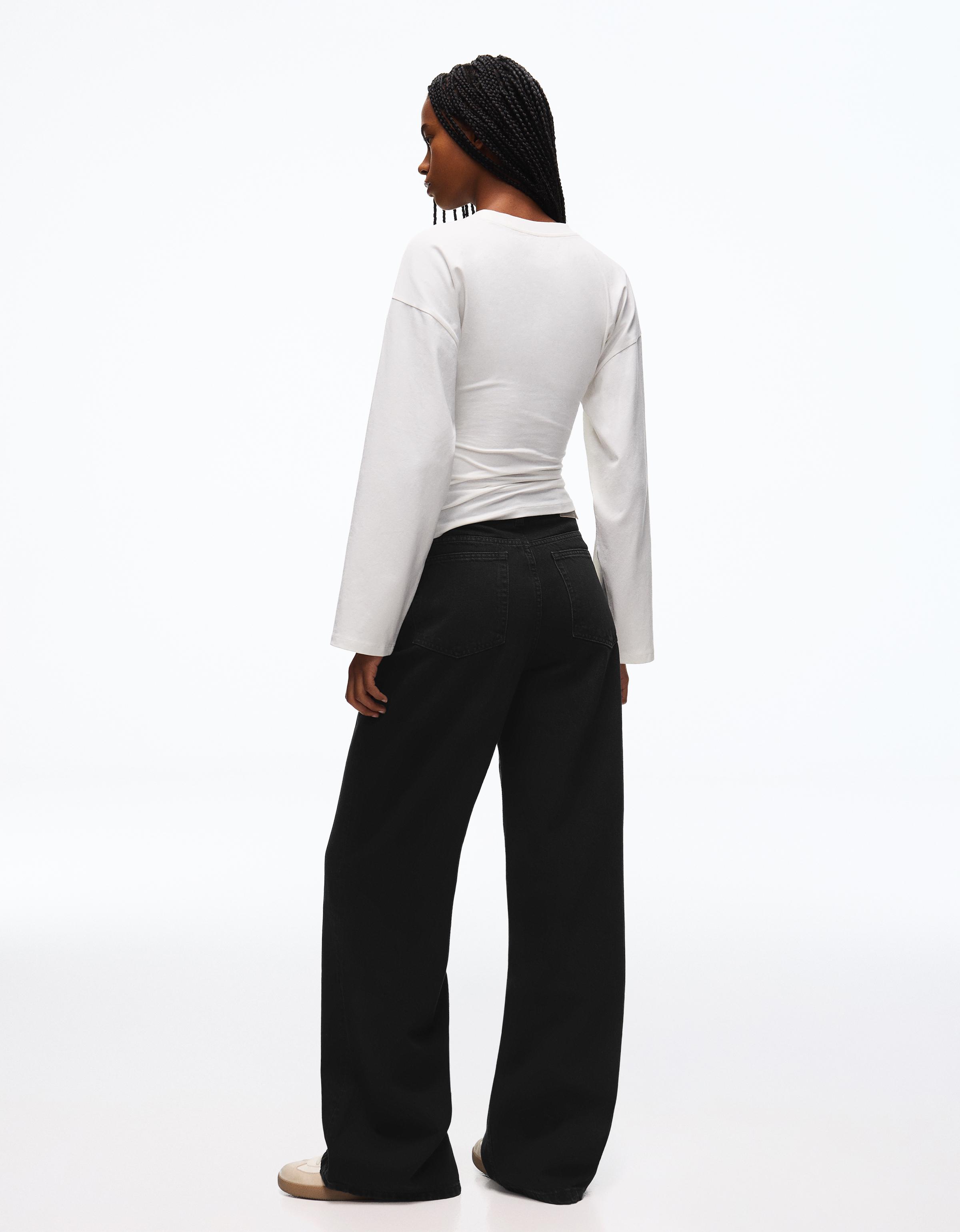 Wide-leg cross-waist jeans — Black
