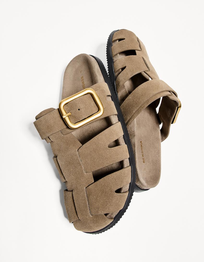 Pantoletten aus Leder im T-Steg-Sandalen-Stil-Gelbbraun-4