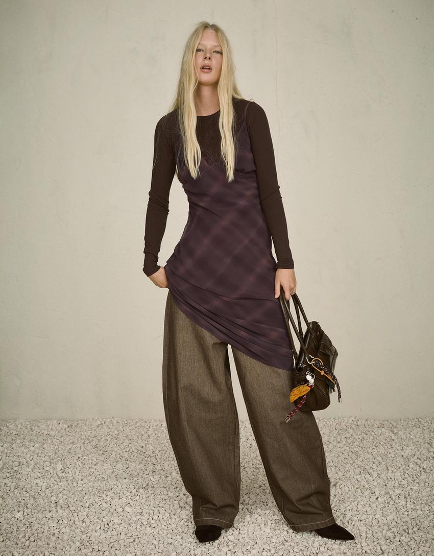 Vestido midi chiffon renda-Marrom