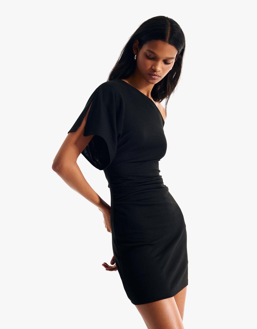 Asymmetric striped mini dress-Black