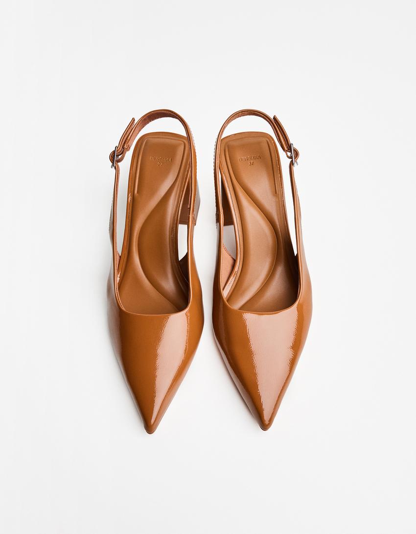 Block heel slingback shoes-Tan-3