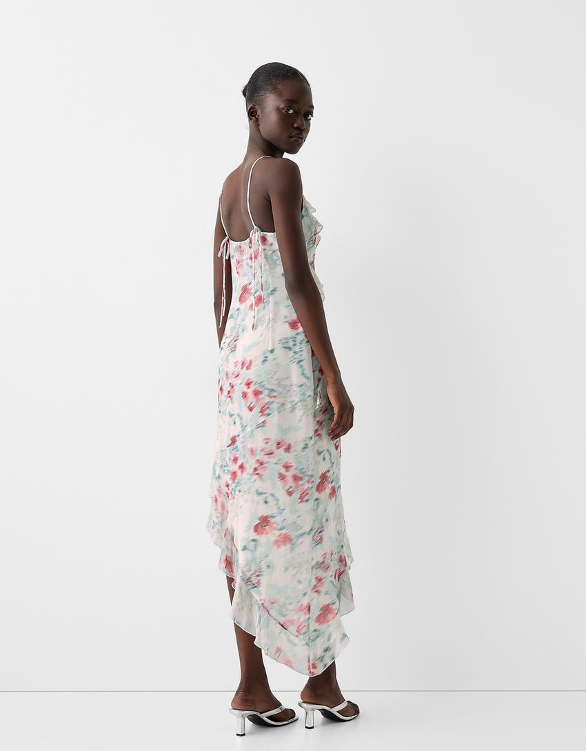 فستان متوسط الطول بطبعة زهور وكشكش-متعدد الألوان-2