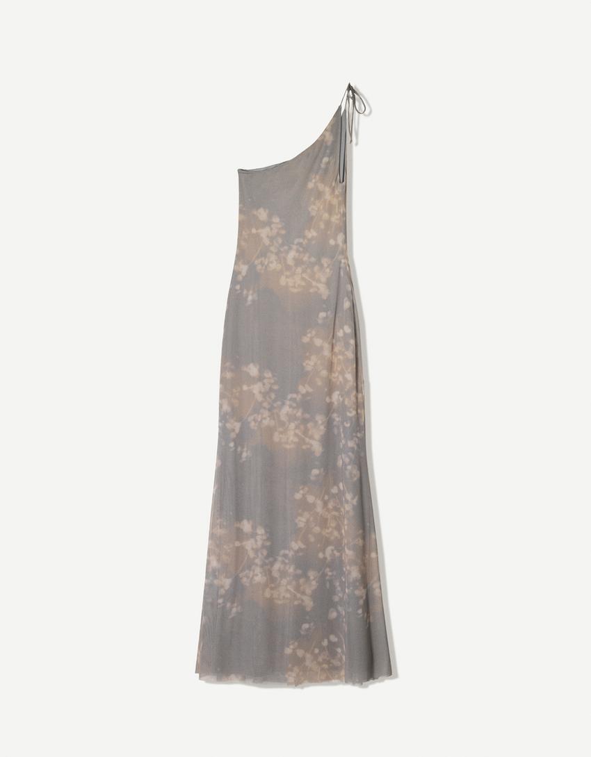 Asymmetrische tule maxi-jurk met print-Grijs
