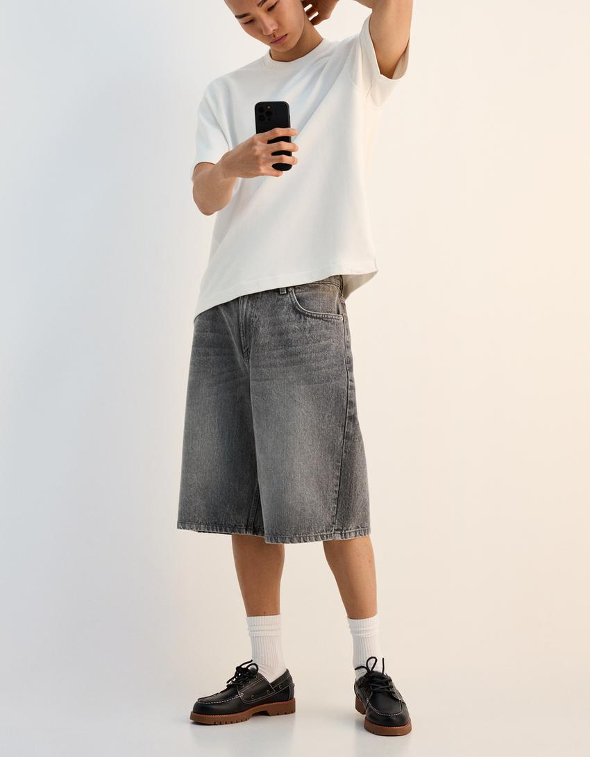 Baggy denim Bermuda shorts-Grey