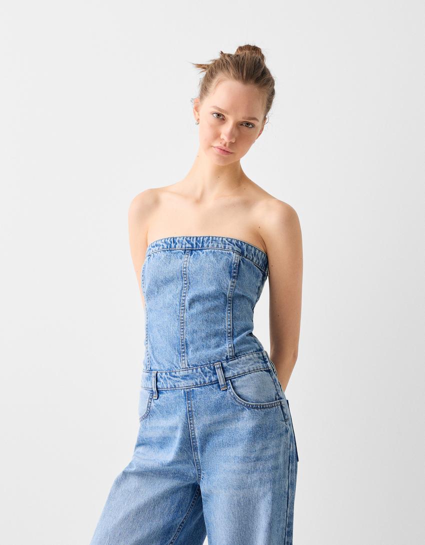 Denim wide-leg bandeau jumpsuit-Light blue-1