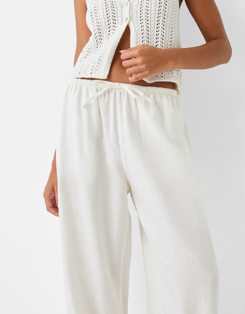 Calças direitas com linho cintura elástica-Gelo-3