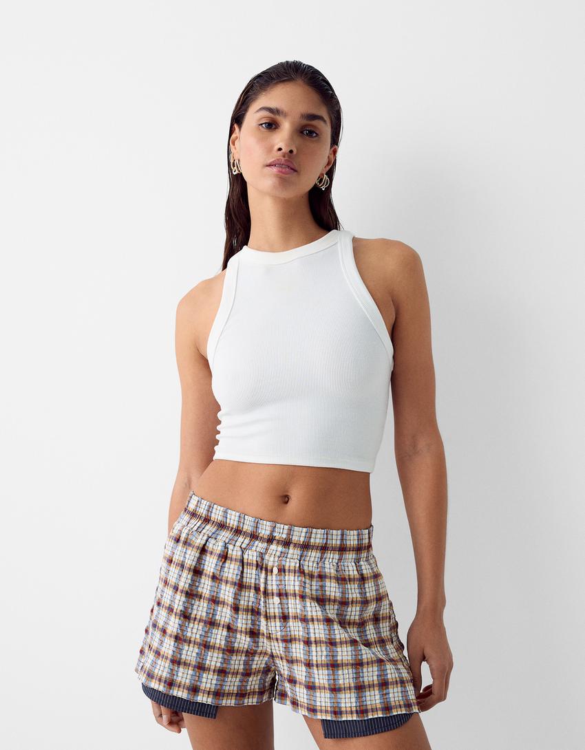 شورت بطبعة مربعات-أزرق-1