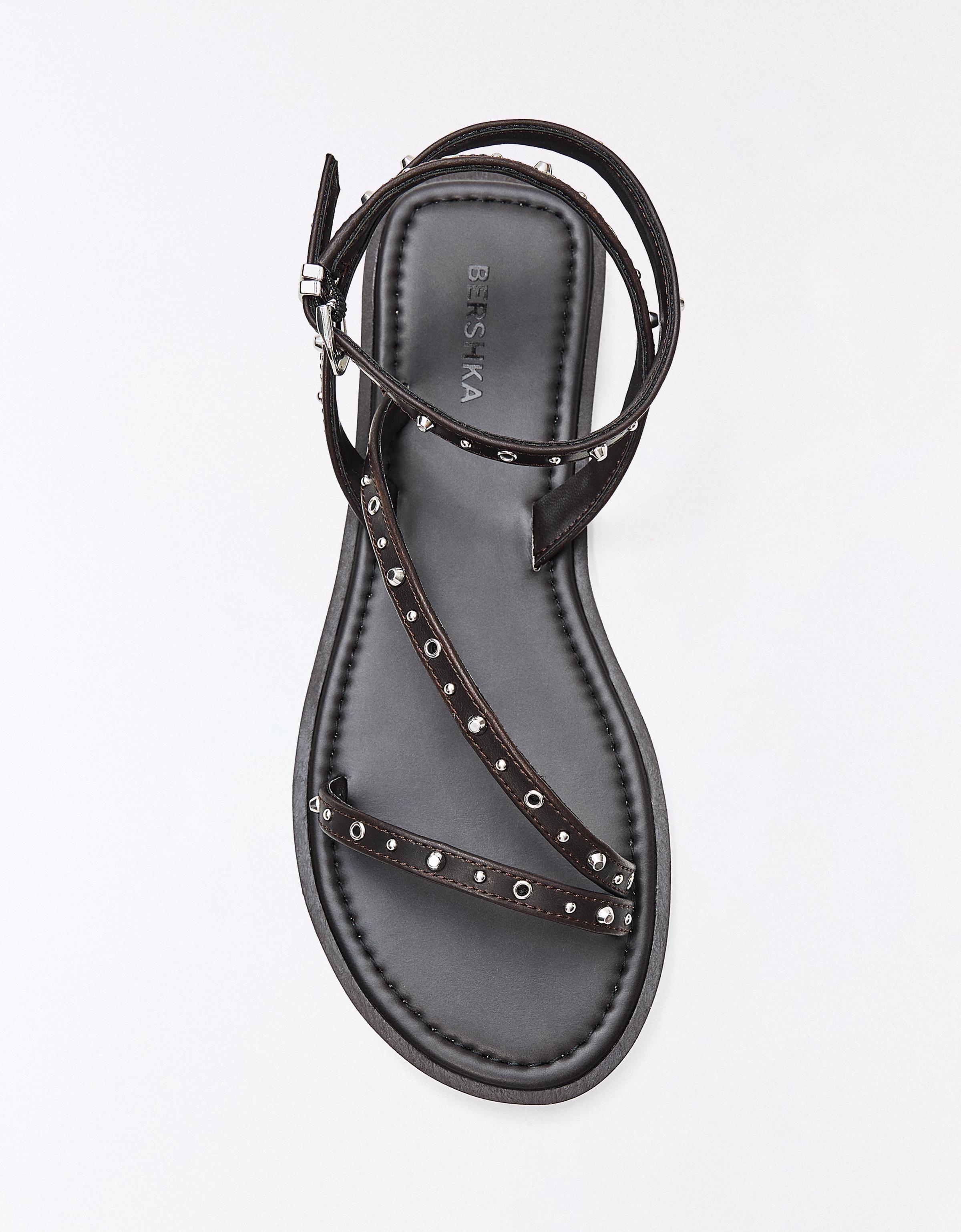 MULTISTRAP STUDDED FLAT SANDALS — Brown