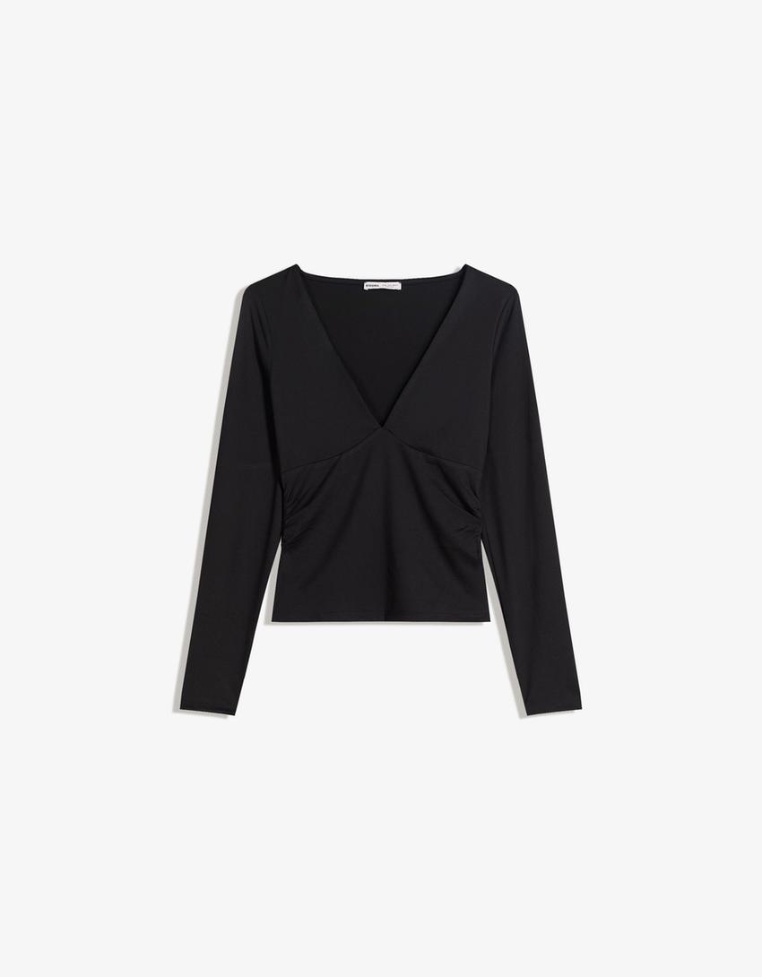 T-shirt met plooi en lange mouw-Zwart