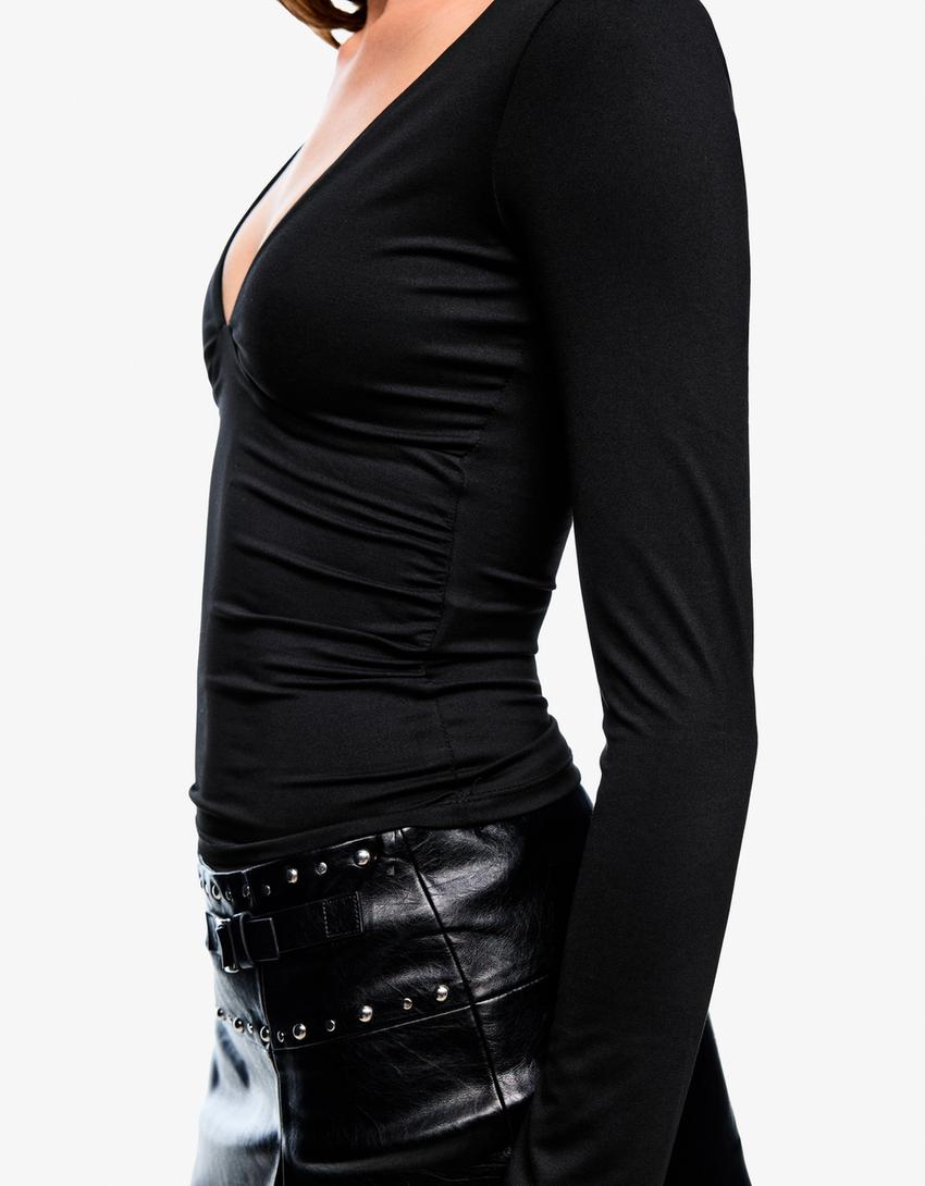 T-shirt met plooi en lange mouw-Zwart