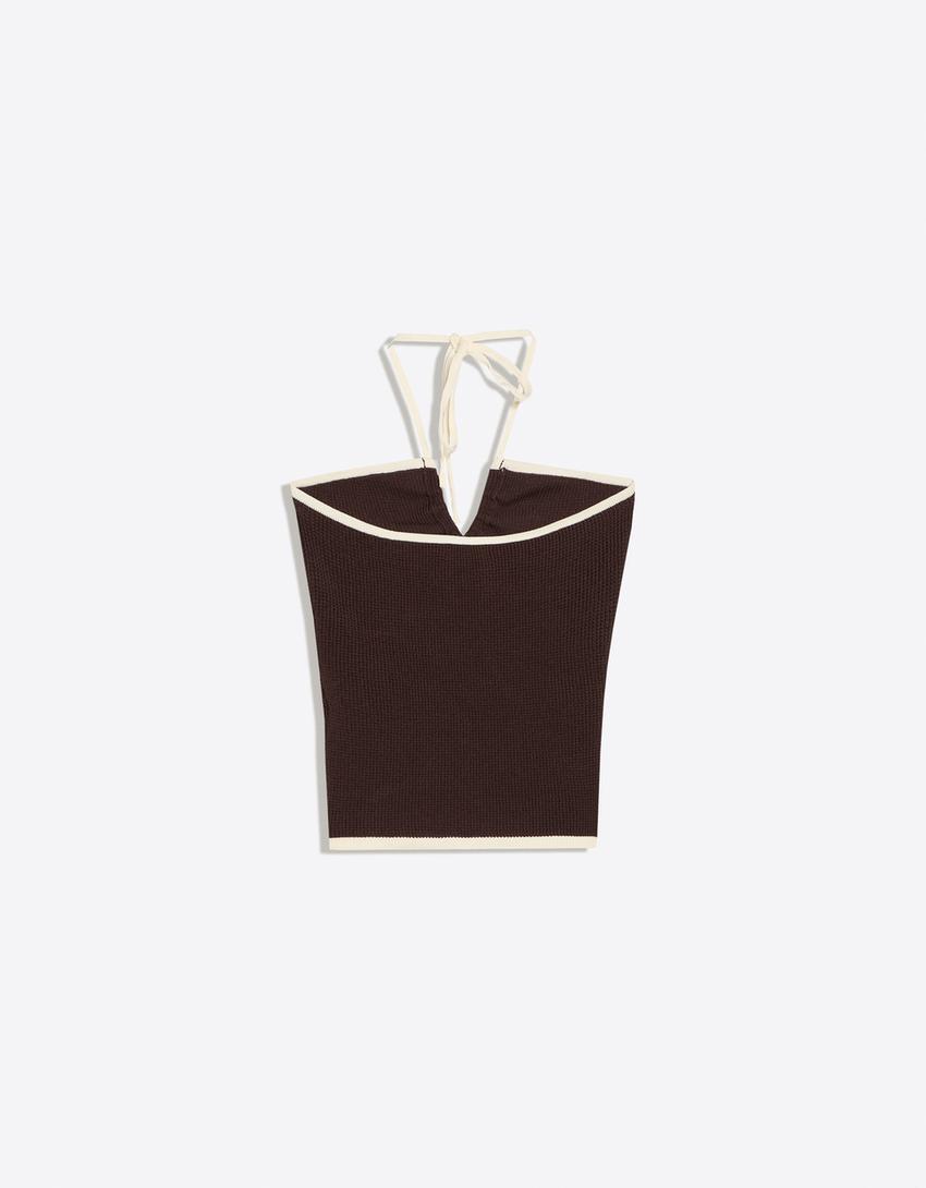 Kontrastowy dzianinowy top bandeau-Brązowy