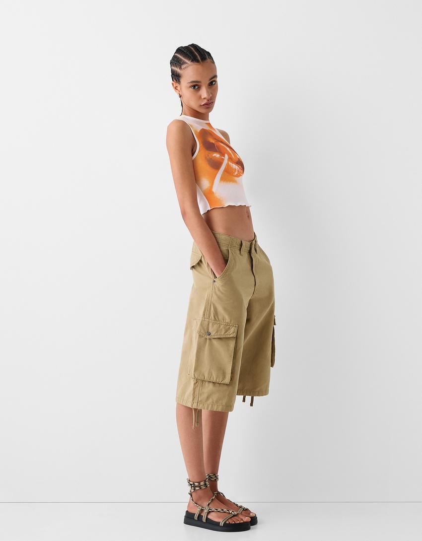 Ribbed printed sleeveless T-shirt-Cream-3