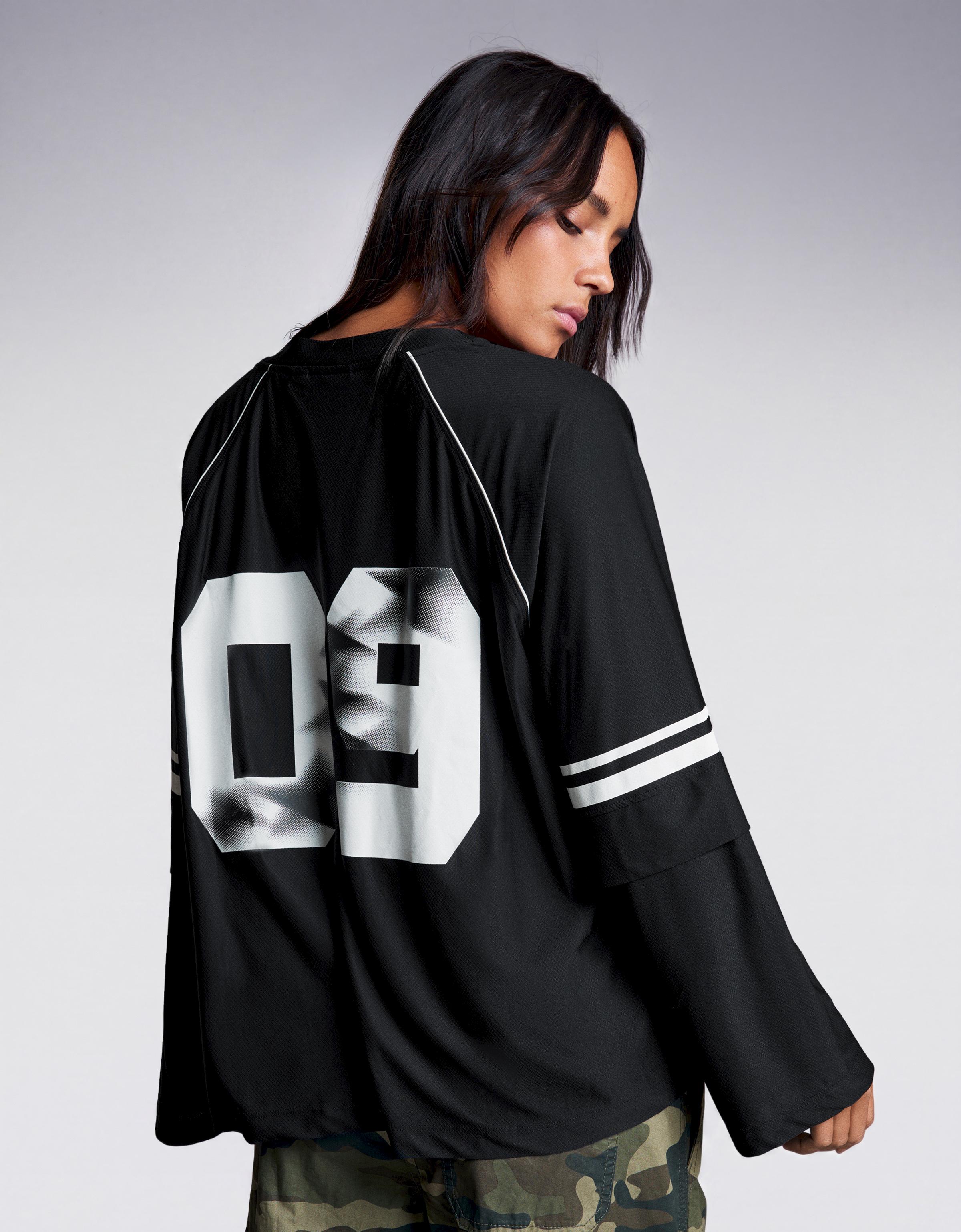Oversize double sleeve print T-shirt — Black